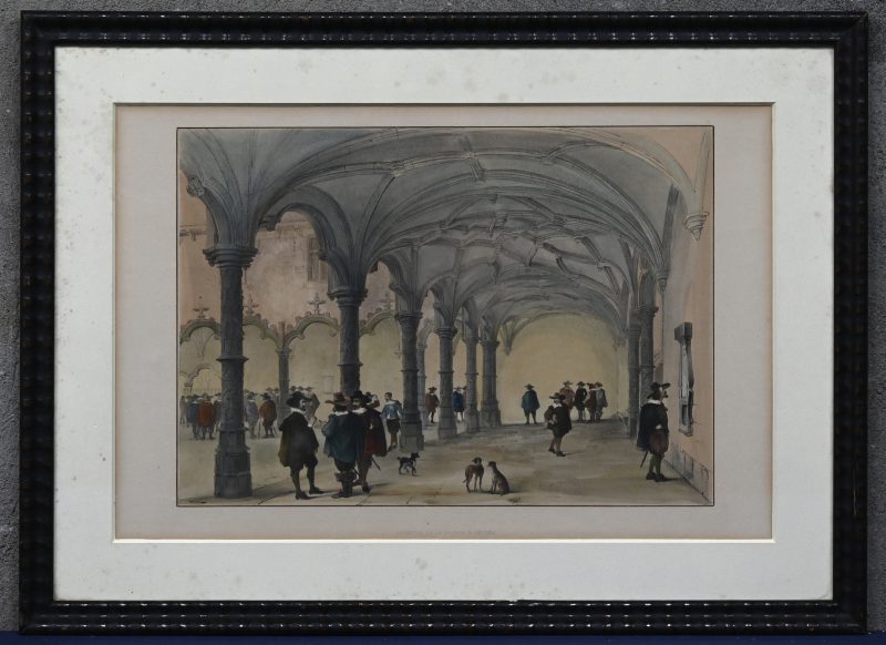 “Interieur van de beurs van Antwerpen”. Een kleurenlithografie door Louis Haghe 1806 - 1885. Omstreeks 1840.