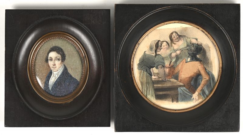 Een handgeschilderd miniatuurportretje en een miniatuur steendruikje. Het eerste gedateerd 1821.