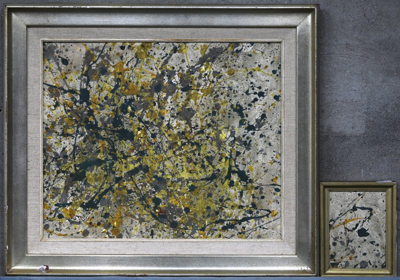 “Verfcomposities”. Twee werkjes, olieverf op doek in de geest van Pollock.