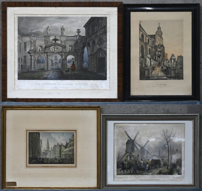 Een lot van vier XIXe eeuwse lithografieën met betrekking tot Antwerpen.