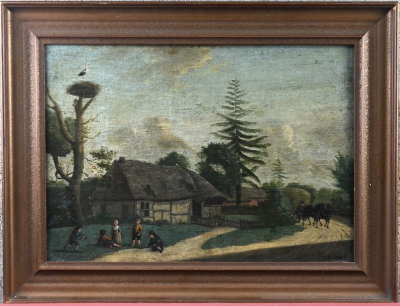 “Knikkerende kinderen bij een woning”. Olieverf op gemaroufleerd doek. Gesigneerd en gedateerd 1791.