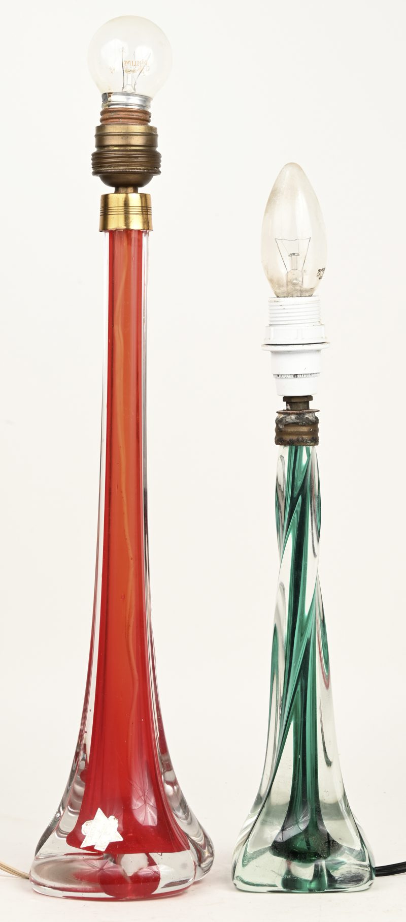 Twee lampvoeten van gekleurd Italiaans kristal.
