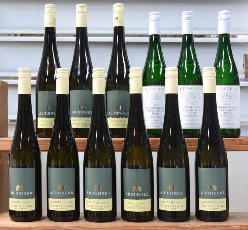Lot witte wijn         aantal: 12 Bt.    Aichinger Grüner Veltliner Kamptal reserve Österreich     2016  aantal: 6 Bt.    Aichinger Riesling Kamptal reserve Österreich     2016  aantal: 3 Bt.    Piesporter Dohmer D.P. Trocken Riesling Spätlese Reuscher   2018  aantal: 3 Bt.