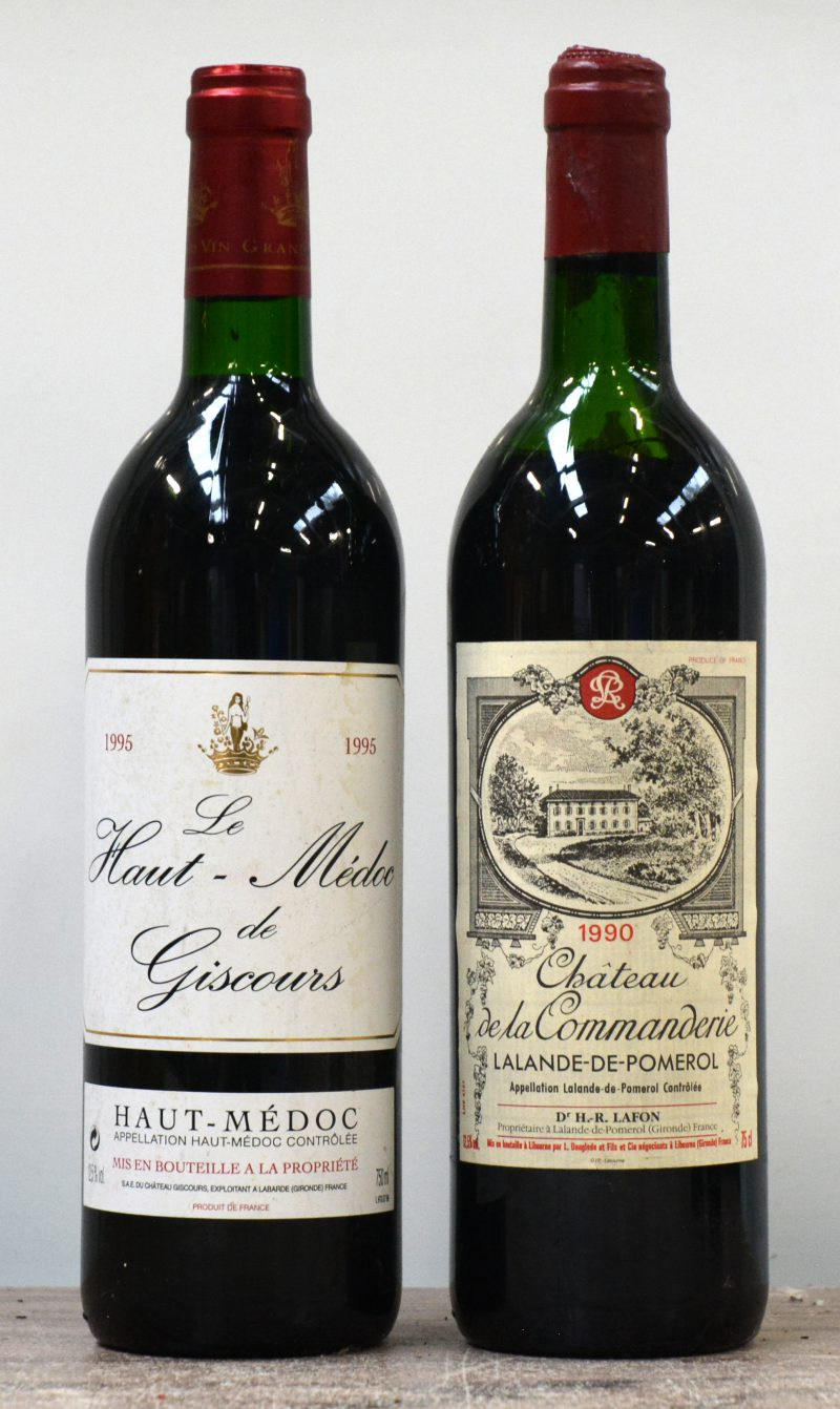 Lot rode Bordeaux        aantal: 2 Bt.    Le Haut-Médoc de Giscours A.C. Haut-Médoc   M.P.  1995  aantal: 1 Bt.    Ch. de la Commanderie A.C. Lalande-de-Pomerol   M.O.  1990  aantal: 1 Bt.