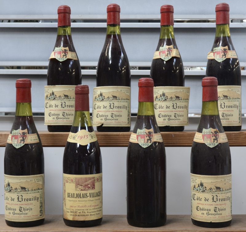 Lot rode wijn        aantal: 8 Bt.    Ch. Thivin A.C. Côte de Brouilly   M.C.   1972  aantal: 7 Bt.    Beaujolais-Villages A.C.  Jean Dulac et Fils M.P.  1983  aantal: 1 Bt.