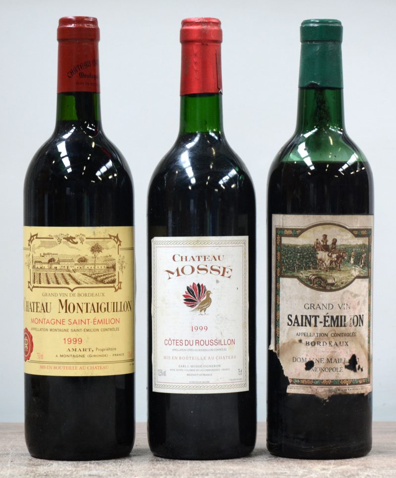 Lot rode wijn 3 btSaint-Emilion, A.C. Monopole Dom. Maillard 1 btCh. Montaiguillon, A.C. Montagne-St-Emilion, M.C. 1999Ch. Mossé, A.C. Côtes du Roussillon, M.C. 1999