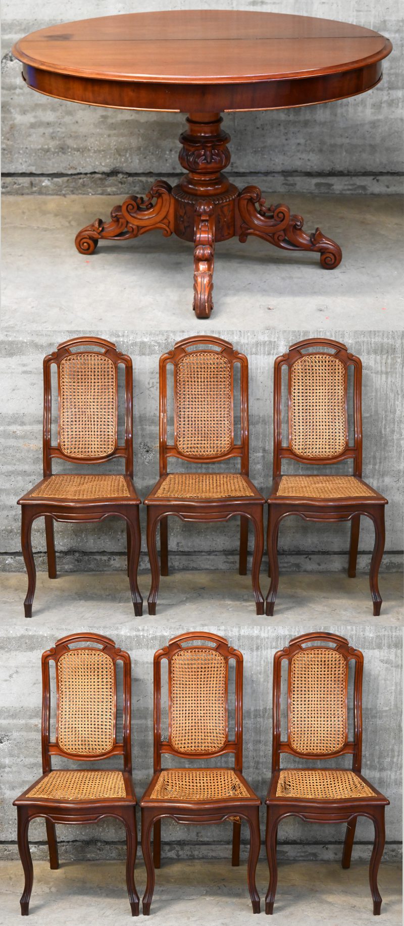 Een ovale mahoniehouten tafel met gebeeldhouwde centrale driepoot. Verlengbaar maar zonder verlengbladen. Victoriaanse stijl. Vergezeld van zes soortgelijke stoelen met gevlochten zittingen (riet te vervangen). Diverse letsels.