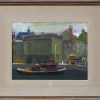 “Interieurs” & “Boot op het kanaal”. Drie olieverfschilderijtjes, waarbij één gesigneerd.