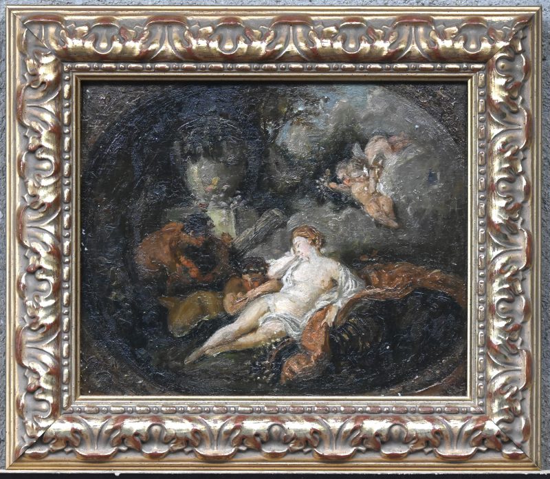 “Diana gewekt door een faun”. Olieverf op gemaroufleerd doek. Ovaal ontwerp voor een plafonddecoratie in de geest van François Boucher. Franse School XVIIIde eeuw.