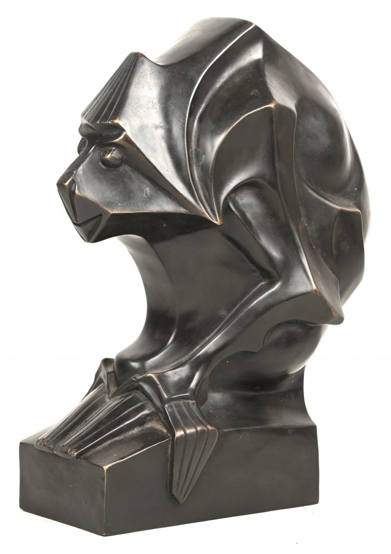 Een kubistisch bronzen aapje. Art deco beeldje.