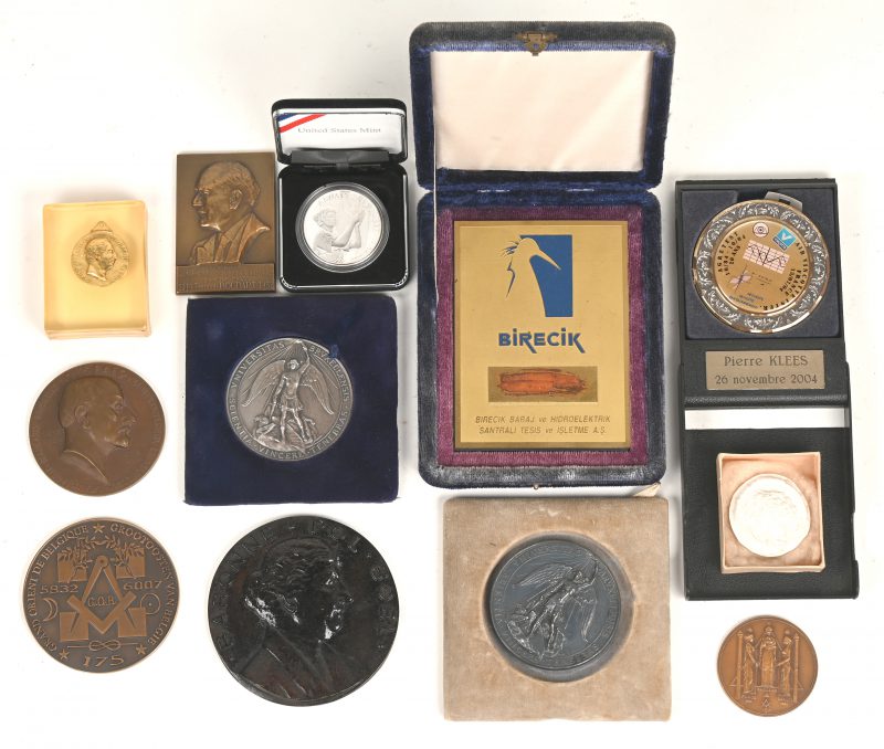 Een lot medailles en herdenkingsplaquettes van brons en andere materialen. 12 stuks