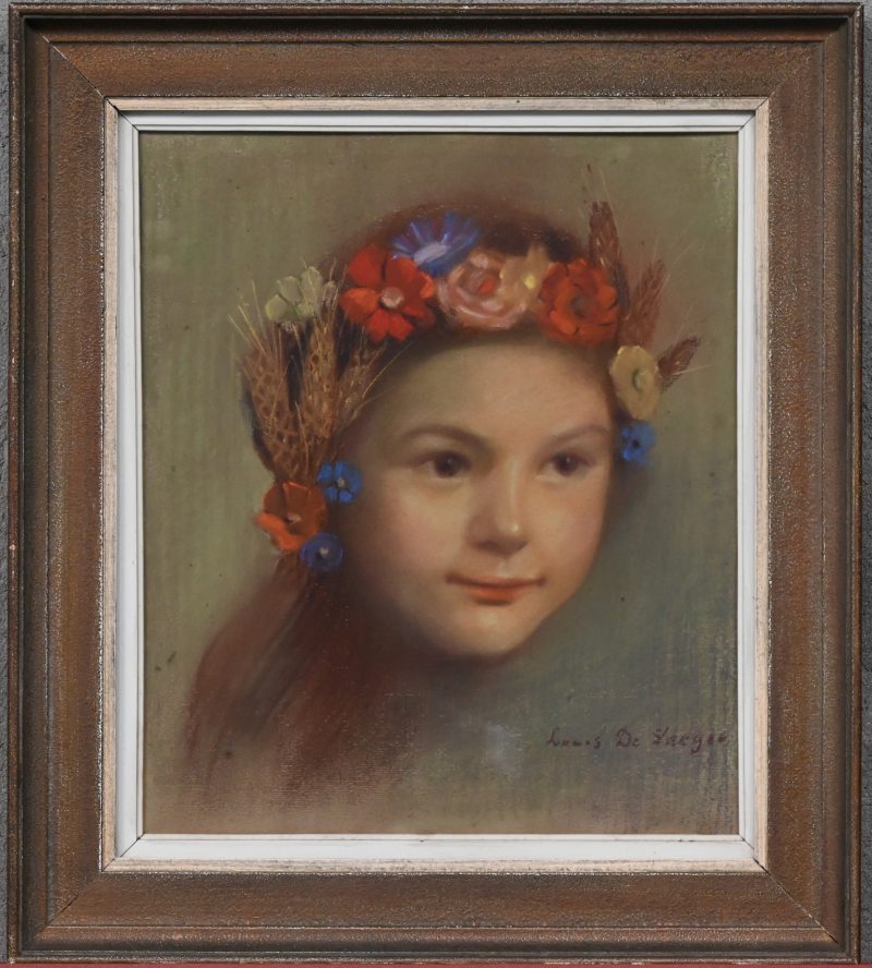 “Portret van een meisje met bloemenkrans.” Pastel op papier. Gesigneerd.