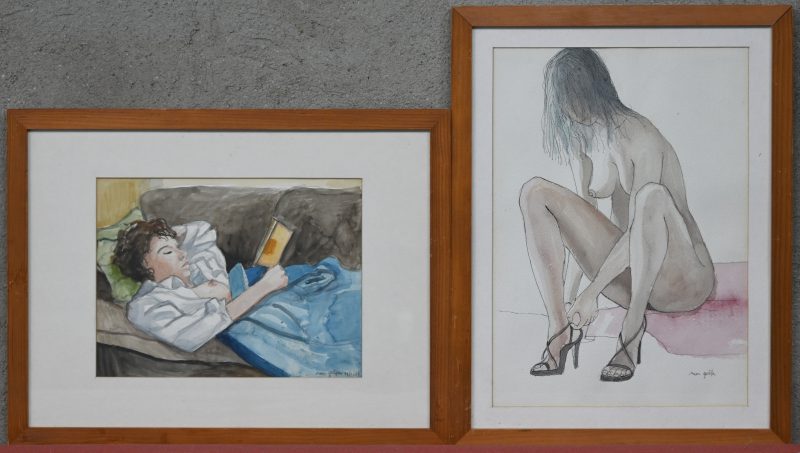 Een paar erotische aquarellen. Waarvan één gedateerd 1985. Gesigneerd.1. h35 x b24,5cm2. h19,5 x b25,5cm