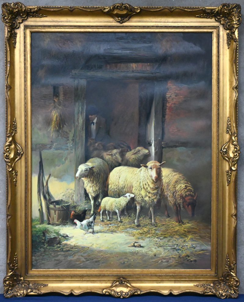 “Gezicht op de de schapenstal”, schilderij olie op doek, gesigneerd “Jules Didier”