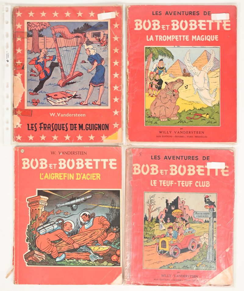 Een lot van vier Franstalige albums. ‘Bob & Bobette’: L’Aigrefin D’arcier, Le Teuf-Teuf Club, La  Trompette Magique en ook ‘Les Frasques de M. Guignon.