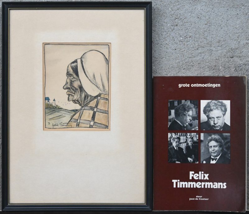 lot “Zonder titel”, ingekleurde tekening op papier, ingekaderd, gesigneerd “F felix  Timmermans”plus boek getiteld “grote ontmoetingen - Felix Timmermans” door “José de Ceulaer”, uitg. 1978