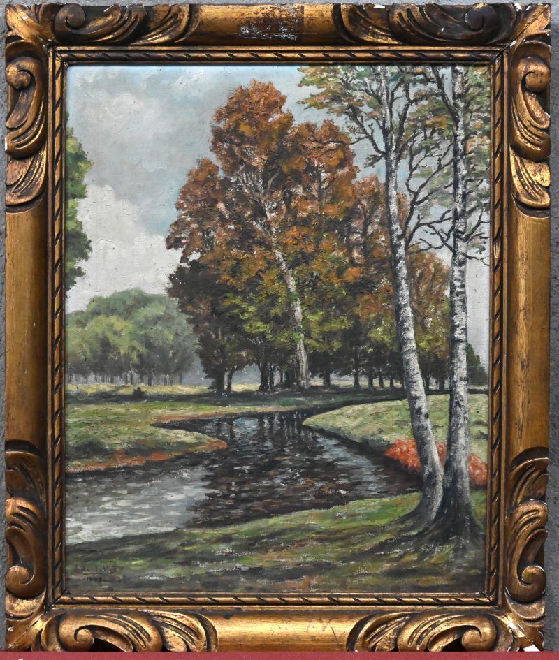 “Landschap rivier en bomen” schilderij olie op doek, gesigneerd “Lode Claes” 1943