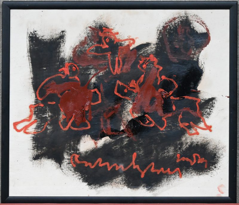 “Moderne compositie met zwart en rood”, schilderij verf op papier