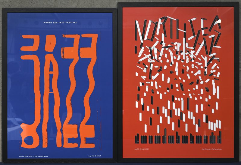 Twee ontwerpen voor affiches van het North Sea Jazz Festival, het ene voor 2017 door Nelleke van Lommel, het andere voor 2016 door Naomi van Maasakkers.
