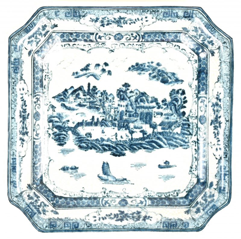 Een vierkant blauw en wit porseleinen bord, met middeleeuws tafereel. Gemerkt 1895 ‘W.L.’