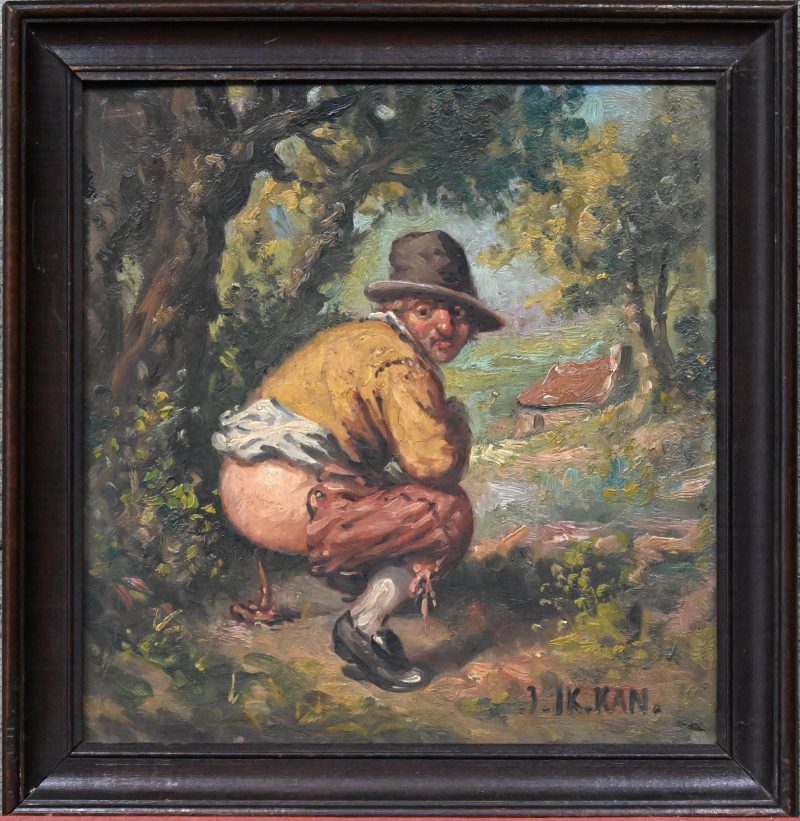 “Man doet gevoeg in bos” schilderij olieverf op paneel, gesigneerd “J.IK.KAN”
