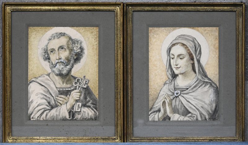 Een paar religieuze aquarellen op papier. Met o.a. St. Petrus