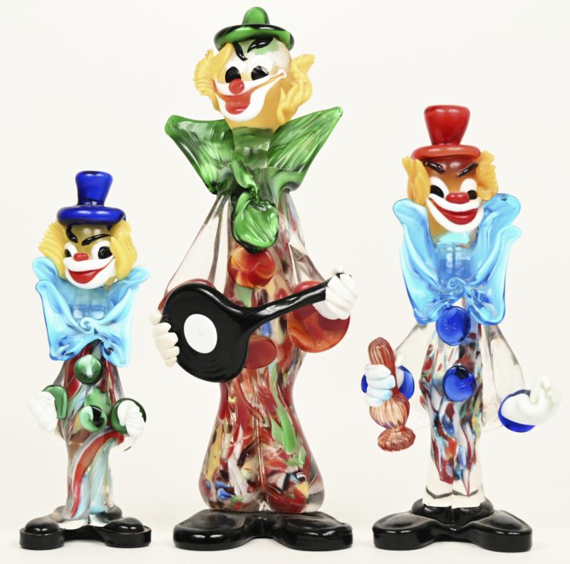 lot 3 Murano Clowns, h32cm, h26cm, h22cm, divers kleurenpatroon