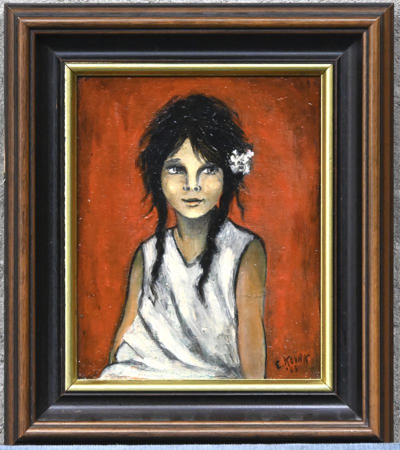 “Portret Meisje” schilderij olieverf op paneel, portret meisje, gesigneerd “E. KOVAK” ‘63