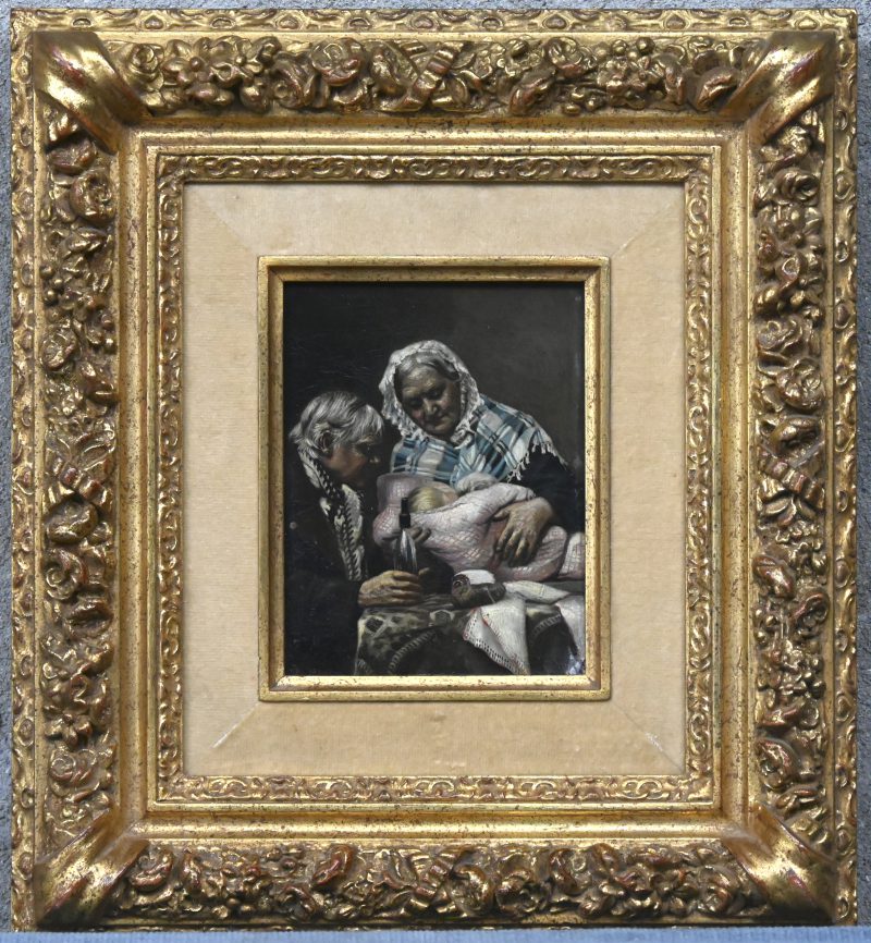 “Grootouders met baby” schilderij olieverf op paneel grootouders met baby, gesigneerd “L Meyer”