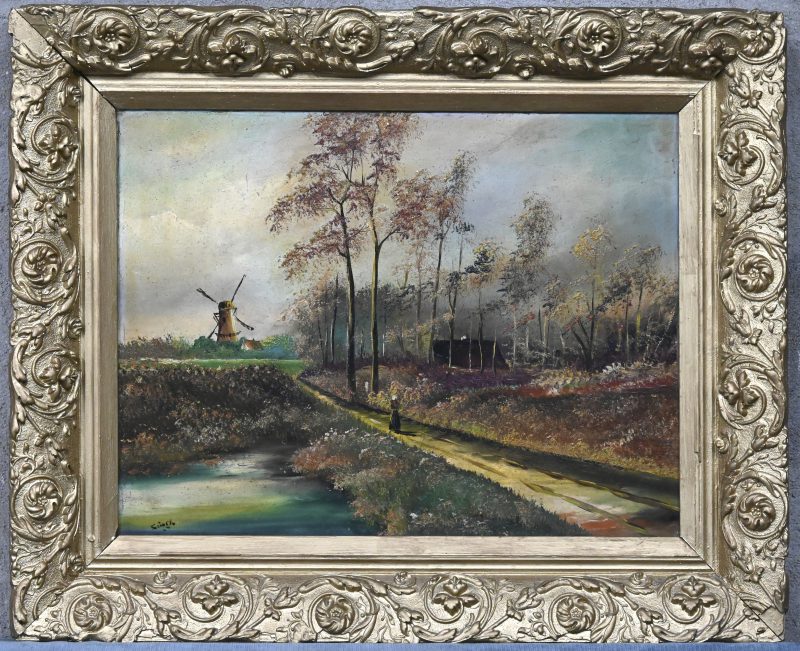 “landschap met bos en molen”, schilderij olieverf op paneel, onleesbaar gesigneerd onderaan