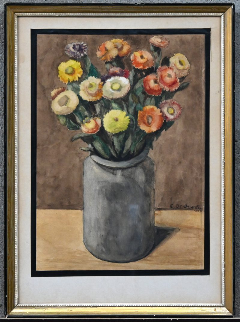 “Vaas met strobloemen”. Een aquarel. Gesigneerd en gedateerd 1954.