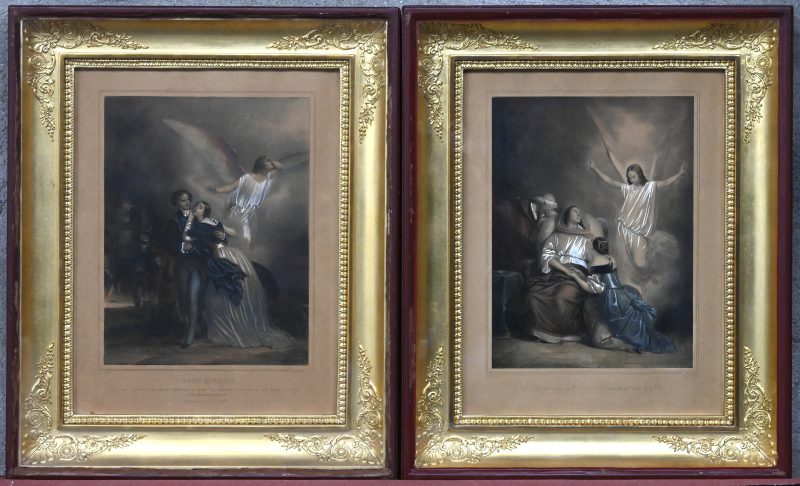 “L’ange gardien”. Twee gekleurde XIXe eeuwse gravures. In fraaie vergulde kaders en achter glas.