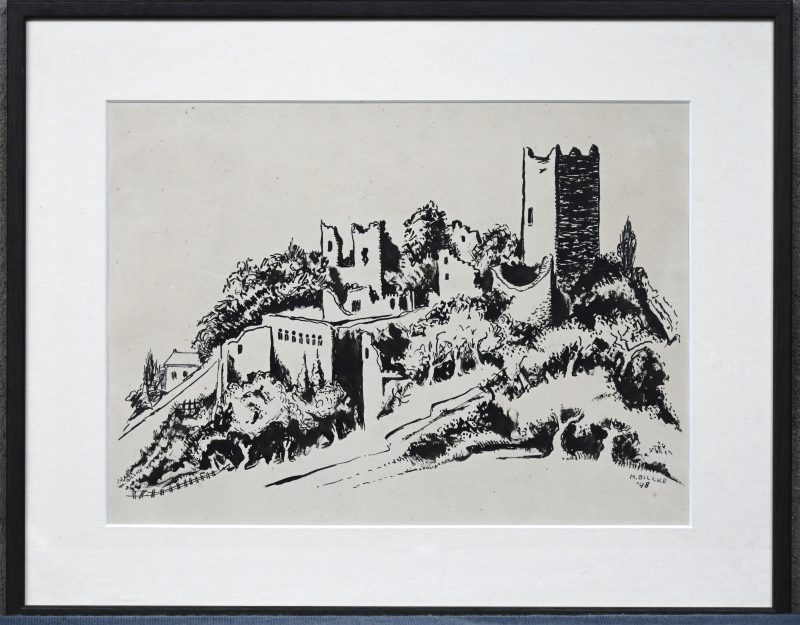 “Ruine”. Een inkttekening, gesigneerd en gedateerd 1948.