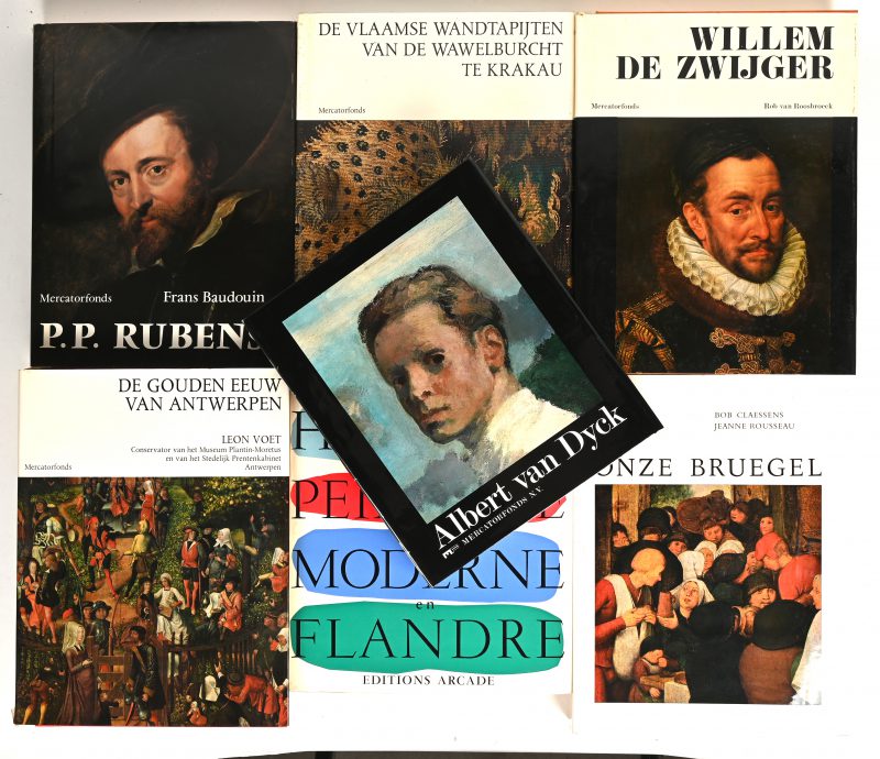 Een lot kunstboeken, uitgegeven bij het Mercatorfonds:- “De Vlaamse wandtapijten van de...”- “De Gouden eeuw van Antwerpen”.- “Willem de Zwijger”- “P. P. Rubens”- “Albert van Dyck”- “Onze Bruegel”- “Histoire de la peinture moderne” (Ed. Arcade)