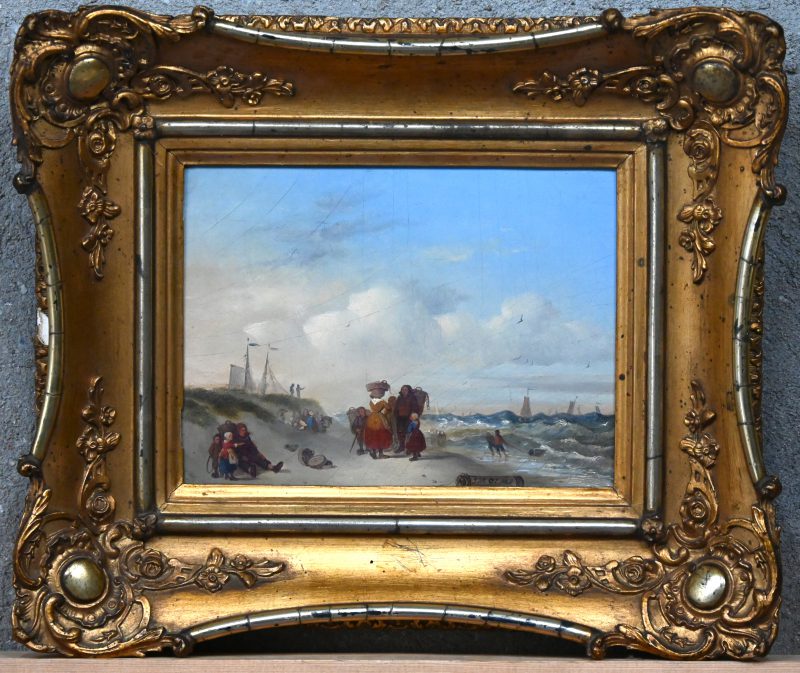 “Vissersfamilies op het strand bij een woelige zee”. Olieverf op paneel. Gemonogrammeerd en gedateerd 1868.