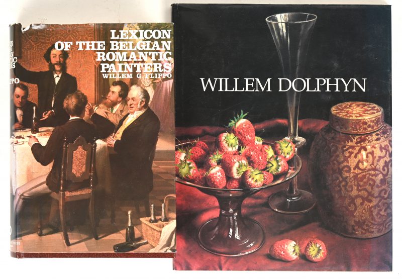 Twee kunsetboeken. “Lexicon of the Belgian Romantic Painter” door Willem G. Flippo. En “Willem Dolphyn” door Monique Verschueren, met handtekening van Willem Dolphyn.