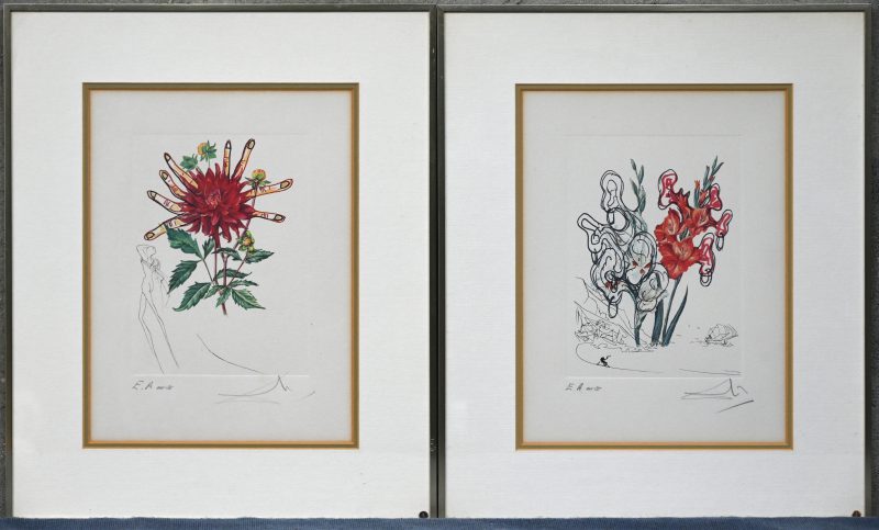 “Bloemen”. Twee rasterdrukken. Gesigneerd en E.A. buiten de plaat.