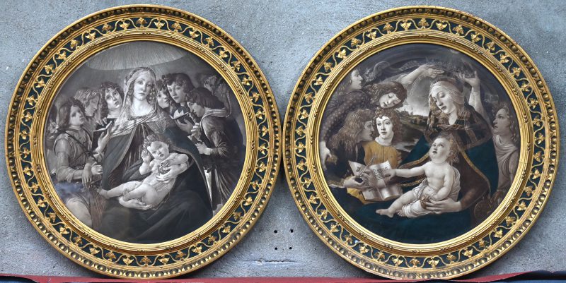 Twee ronde chromolitho’s met voorstellingen van de Presentatie van Christus naar de barok. Lijsten in gothische stijl.