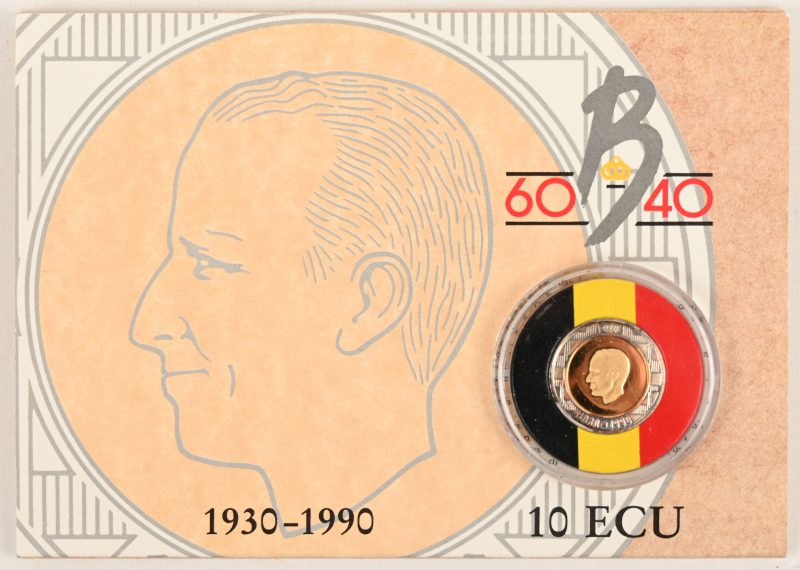 Herdenkingsmunt Boudewijn I 60-40, 1990. “10 ecu”. Centraal geel goud (31,83 g - 900‰) met een zilveren rand (5,3 g - 833‰). In etui.