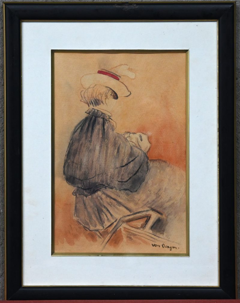 Schilderij aquarel op papier, Dame met hoed, mogelijk gesigneerd Van Dongen