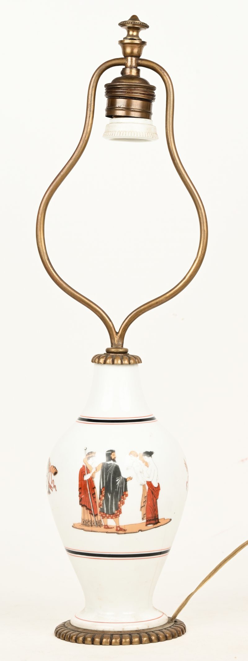 Een vaasje gemonteerd als lamp met taferelen uit de klassieke oudheid. Laat 19de eeuw.