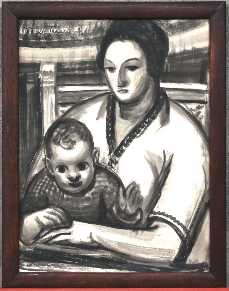 “Moeder en Kind”, Gewassen Chinese inkttekening op Ingrespapier, bovenaan links gesign. en gedat. Ingelijst in houten lijst,