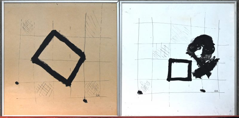 “Monochroom abstract in raster.” Een paar werken inkt, gemengde techniek op papier. Draagt monogram