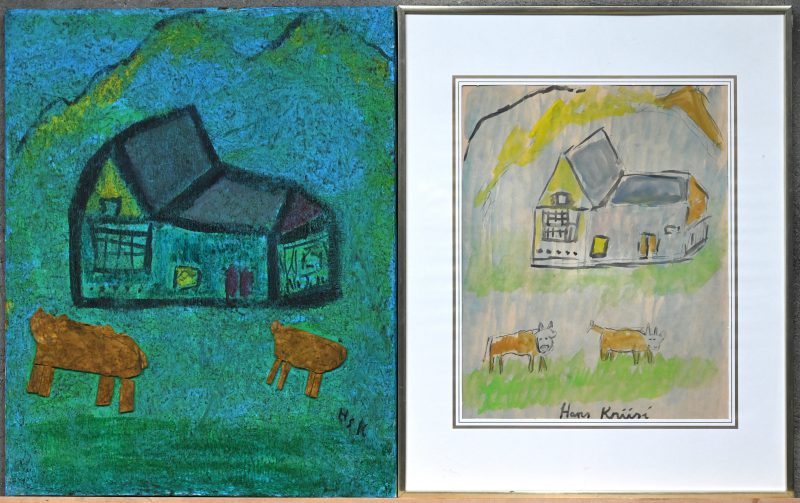 Een studie en collage “Naïve alpenwei met boerderij en koeien, te appenzell.” Aquarel op papier en collage met olieverf op doek.