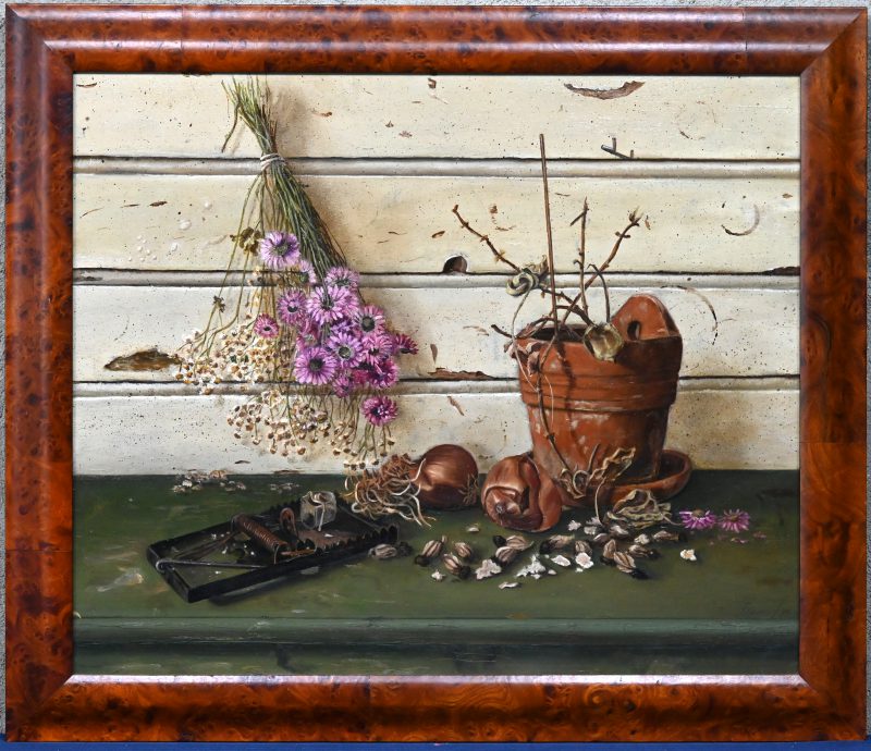 “Stilleven met bloempot”, schilderij olie op paneel, gedateerd ‘97, gesign onderaan “J.Dermul”, ingekaderd