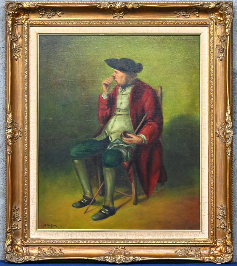 “Zittende man, tabaksnuivend”, schilderij olie op doek, gedateerd 1973, gesign “M. De Beul”
