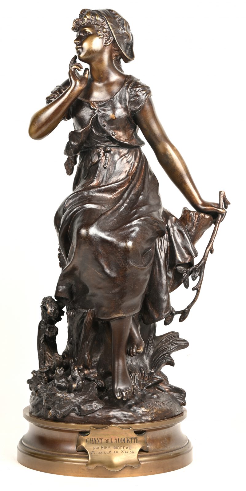 “Chant d’alouette”, in gepatineerd brons gesculpteerd beeld, gesign “Hippolyte Moreau”, stempel “Medaille au salon”