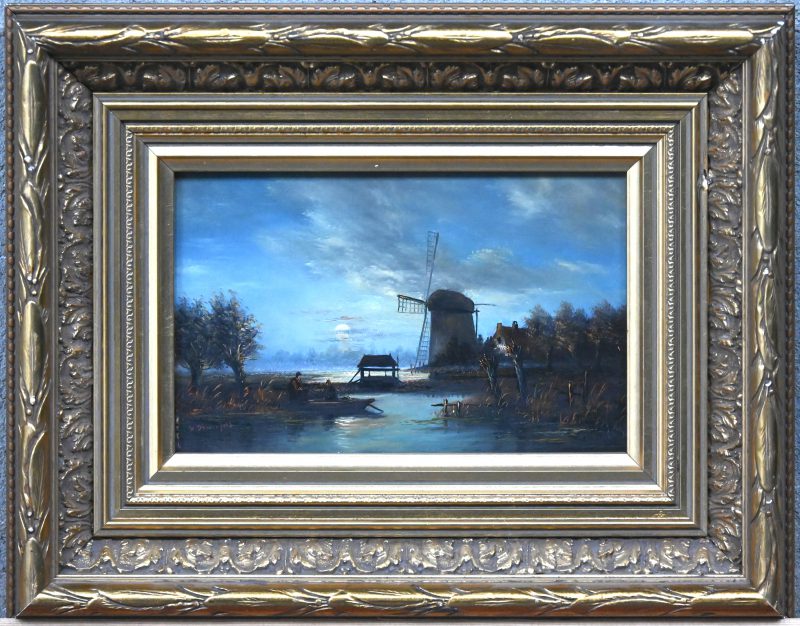 “Palingvissers bij avondval”, schilderij olieverf op paneel, afgebeeld landschap bij avondval met molen en vissers in bootje, onleesbaar gesigneerd onderaan.
