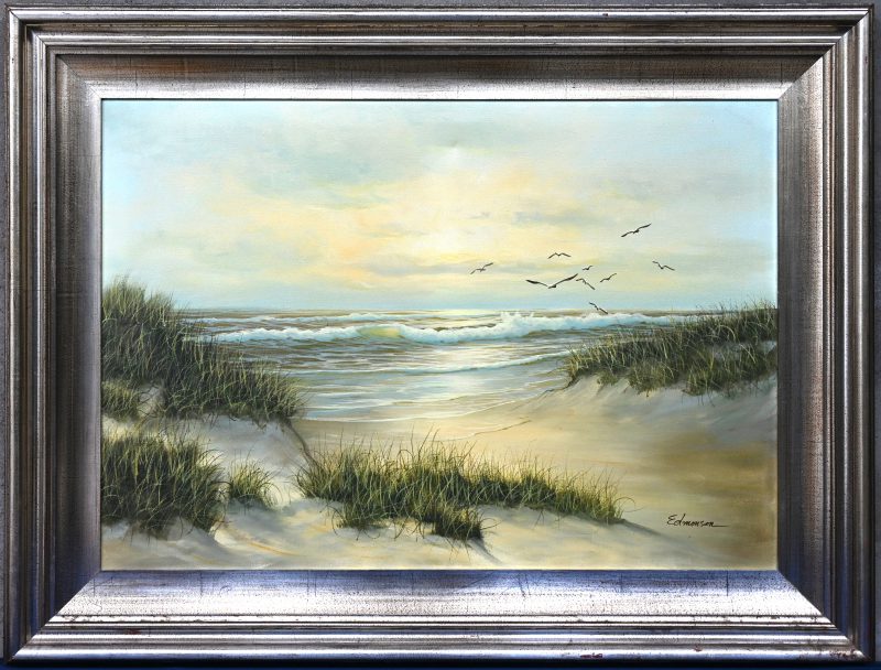 “Zeezicht vanop duinen”, schilderij olieverf op doek, onderaan gesigneerd “Edmonson”.