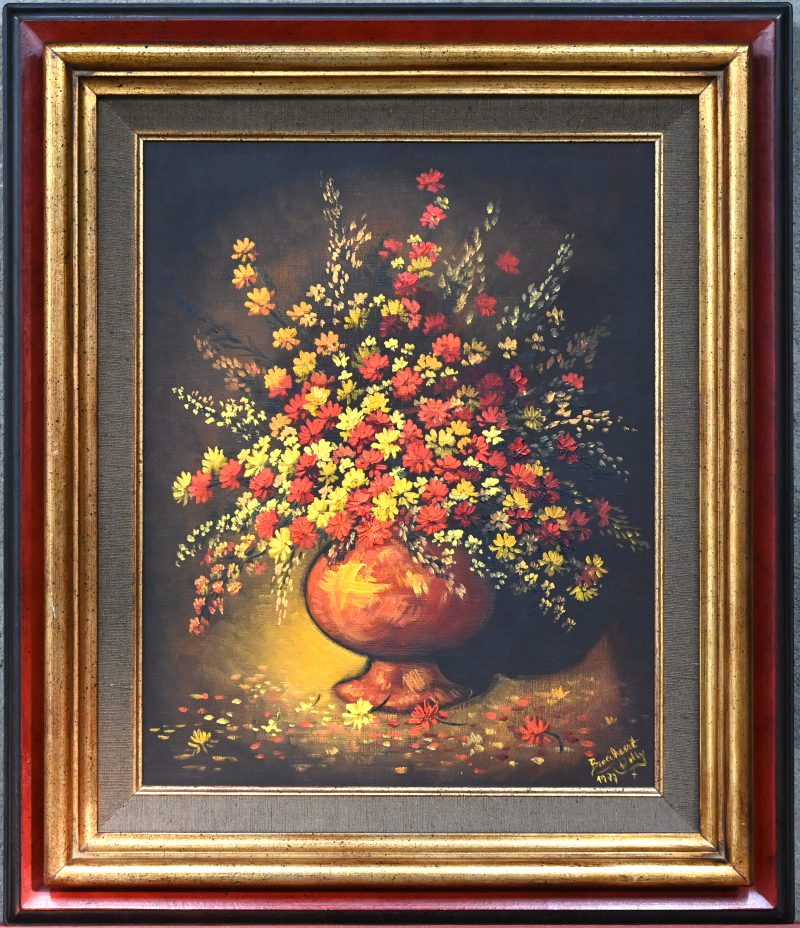 “Bloemen in vaas”, schilderij olieverf op doek, afgebeeld stilleven met bloemen, onderaan gesigneerd “Broeckaert Willy, 1977.